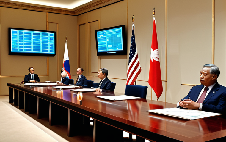 **Image Prompt 1: The Evolving Diplomatic Table**
"A sophisticated, opulent diplomatic conference room, featuring a long, polished mahogany table adorned with traditional national flags and formal place settings. Seamlessly integrated into the scene, luminous holographic displays emerge from the table's surface, projecting live social media feeds, intricate data visualizations of global communication, and subtle AI-generated cultural sensitivity analyses. Dignified diplomats in classic attire are present; one thoughtfully reviews a traditional paper document, while another observes a transparent digital screen showing a nuanced international headline. The composition should convey a harmonious blend of timeless diplomatic rigor and cutting-edge digital integration, emphasizing the ongoing evolution of international relations. Photorealistic, high detail, subtly futuristic."