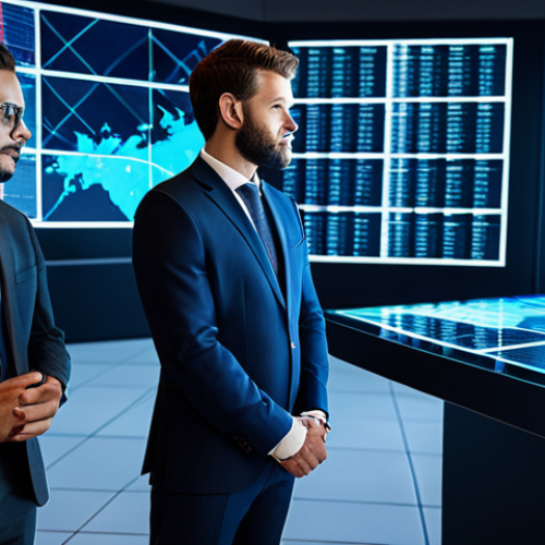 Home 18 A diverse group of professional business people in modern, modest business suits, collaborating in a futuristic high-tech data center. The scene features glowing servers, complex network cables, and large holographic displays showing global market data and innovation statistics. The atmosphere is highly professional and forward-thinking. fully clothed, appropriate attire, safe for work, professional, perfect anatomy, correct proportions, natural pose, well-formed hands, proper finger count, natural body proportions, high quality, professional photography.