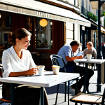 Parisian Café Scene**

"A cozy Parisian café scene at midday, featuring a woman in a stylish, fully clothed outfit (skirt and blouse), sitting at a small table, sipping coffee.  The café has classic Parisian architecture with awnings and outdoor seating. Background: soft focus on other patrons and the bustling street scene.  Sunlight is dappled and warm. safe for work, appropriate content, fully clothed, professional photography, perfect anatomy, natural proportions, modest clothing, family-friendly, high quality."

**