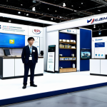 **

"A bustling international trade show booth featuring representatives from both American and South Korean companies, fully clothed, modest professional attire, showcasing innovative technology products, safe for work, perfect anatomy, natural proportions, brightly lit convention center, appropriate content, professional setting."

**