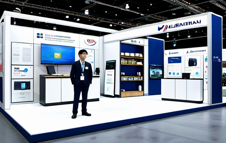 **

"A bustling international trade show booth featuring representatives from both American and South Korean companies, fully clothed, modest professional attire, showcasing innovative technology products, safe for work, perfect anatomy, natural proportions, brightly lit convention center, appropriate content, professional setting."

**