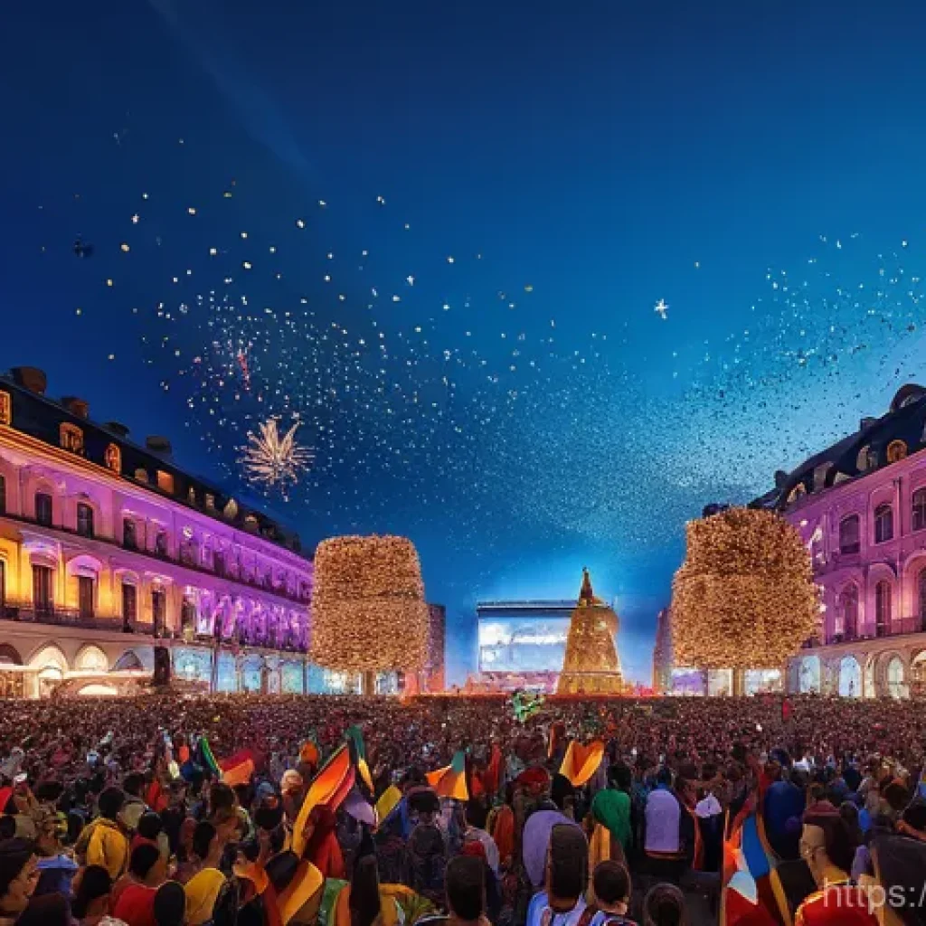 월드컵과 국가 이미지 - A vibrant, wide shot of a bustling city square during the World Cup, filled with a diverse, joyful c...