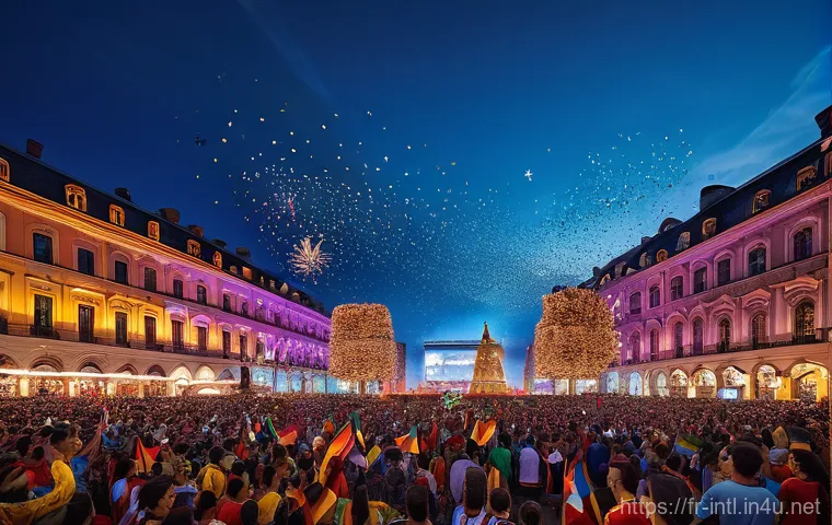 월드컵과 국가 이미지 - A vibrant, wide shot of a bustling city square during the World Cup, filled with a diverse, joyful c...
