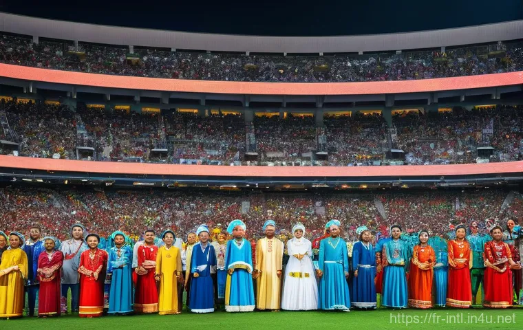 월드컵과 국가 이미지 - A vibrant, wide shot of a bustling city square during the World Cup, filled with a diverse, joyful c...