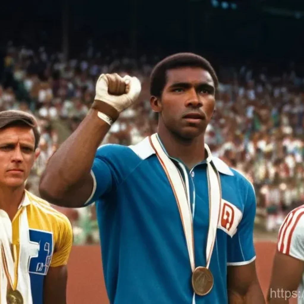 올림픽과 국제관계 - **"Echoes of Protest on the Podium"**
    A powerful, realistic photograph of two male Olympic athle...