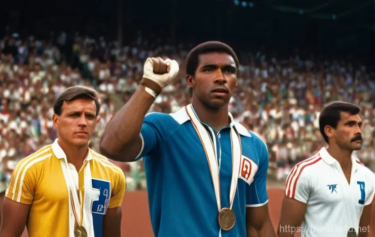 올림픽과 국제관계 - **"Echoes of Protest on the Podium"**
A powerful, realistic photograph of two male Olympic athle...