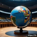 국제정치 이론 - A hyperrealistic rendering of a large, antique-style globe, subtly cracked and fragmented, with vari...
