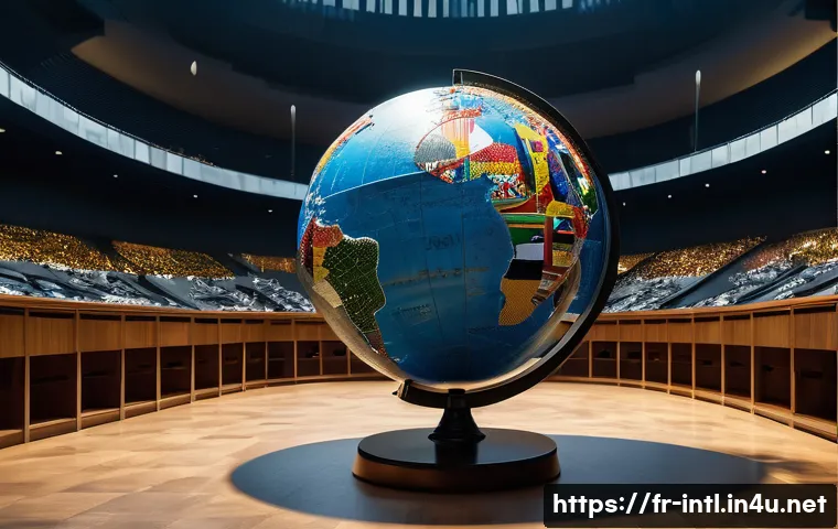 국제정치 이론 - A hyperrealistic rendering of a large, antique-style globe, subtly cracked and fragmented, with vari...