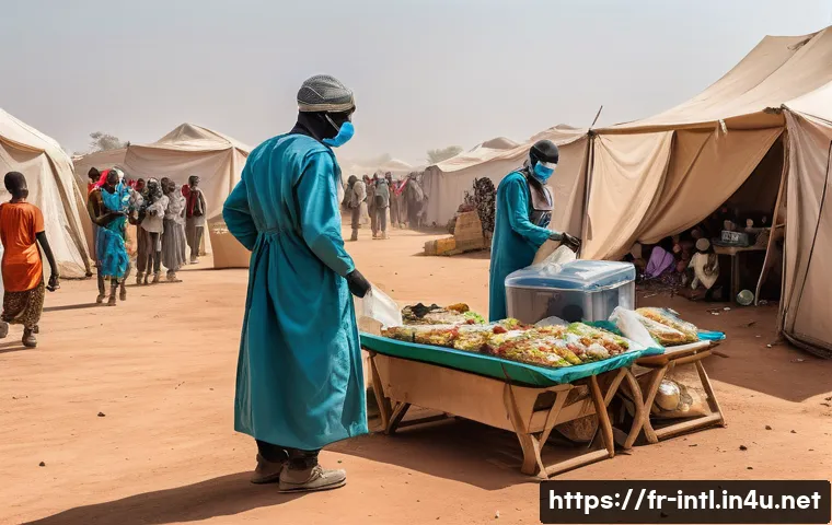 국제 인권 NGO 활동 사례 - A humanitarian aid corridor in a West African conflict zone: a diverse group of aid workers wearing ...