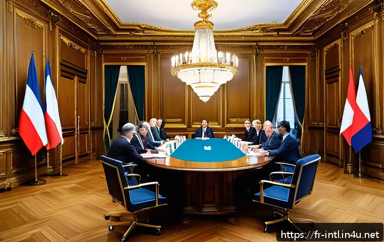 국제 조약 체결과 비준 절차 - A detailed scene of an international treaty negotiation in a grand, elegant conference room in Paris...